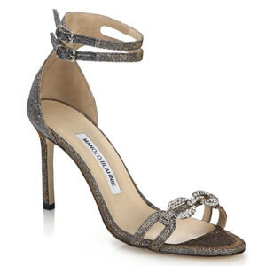 Manolo Blahnik Menia Sandals Silver Shimmer Crystal Ankle Strap Heels 35.5 / 5.5